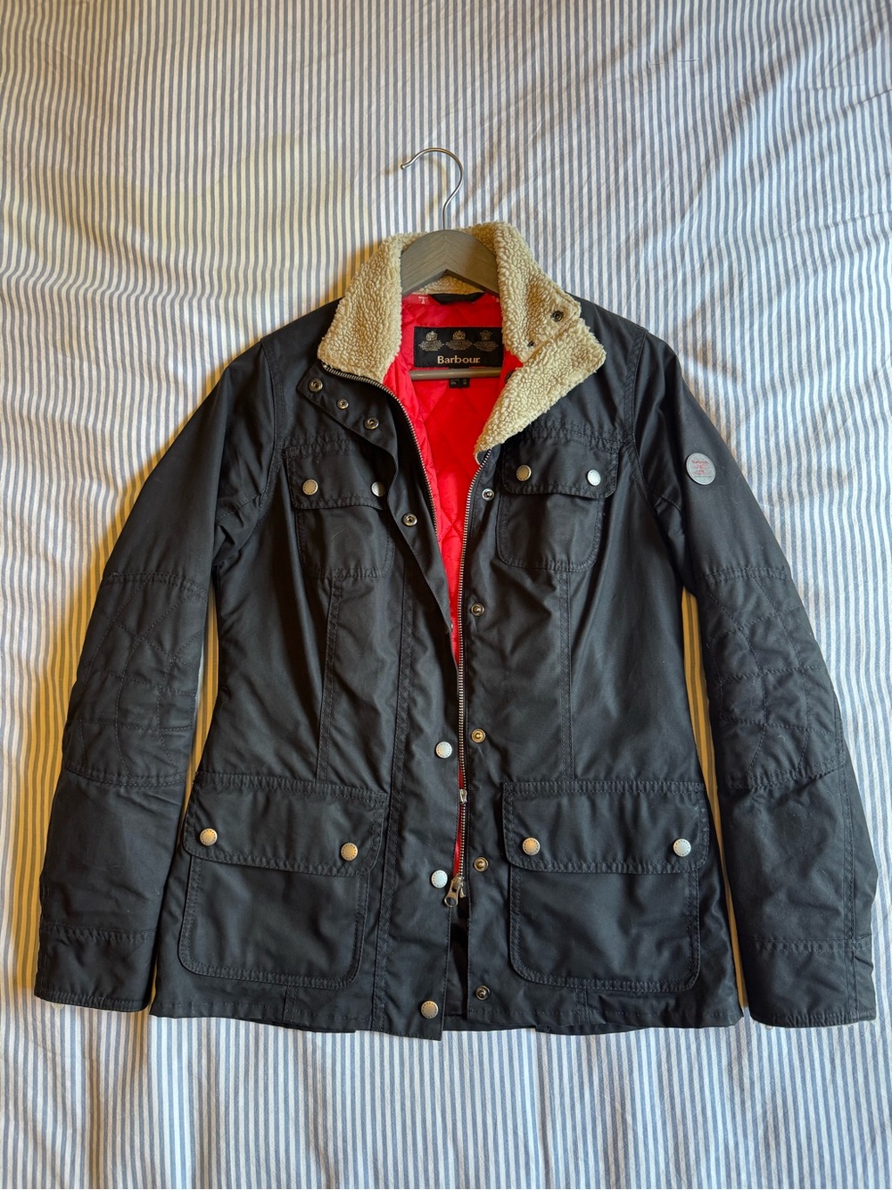 Barbour Black Utility Jacket with Cream Sherpa Collar and Red Lining